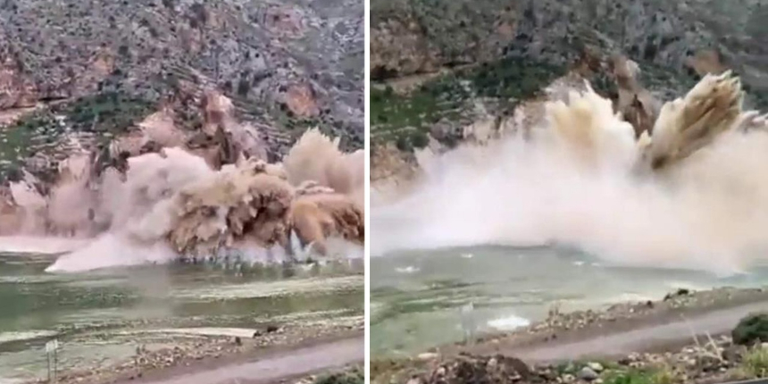 Siirt’te yamaçtan kopan dev kaya parçaları Botan Çayı'na düştü