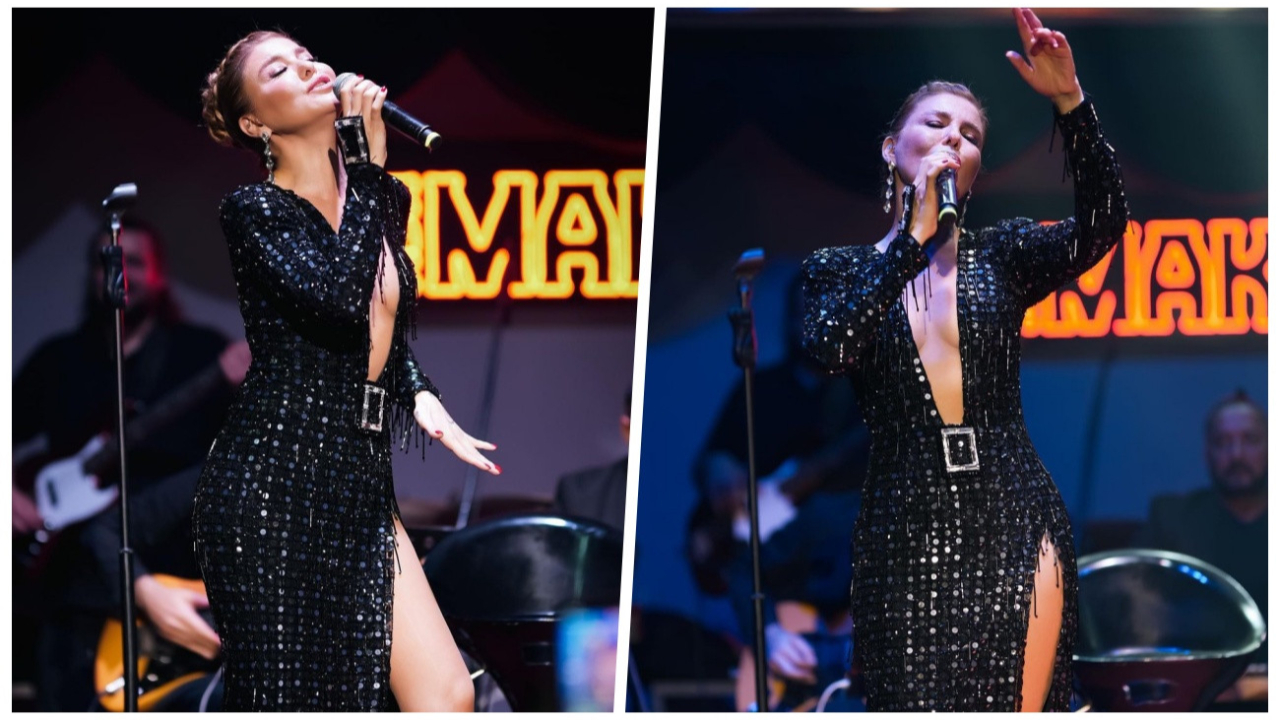 Kuşadası'nda sahne alan Gülben Ergen'den derin dekolteli konser kıyafeti