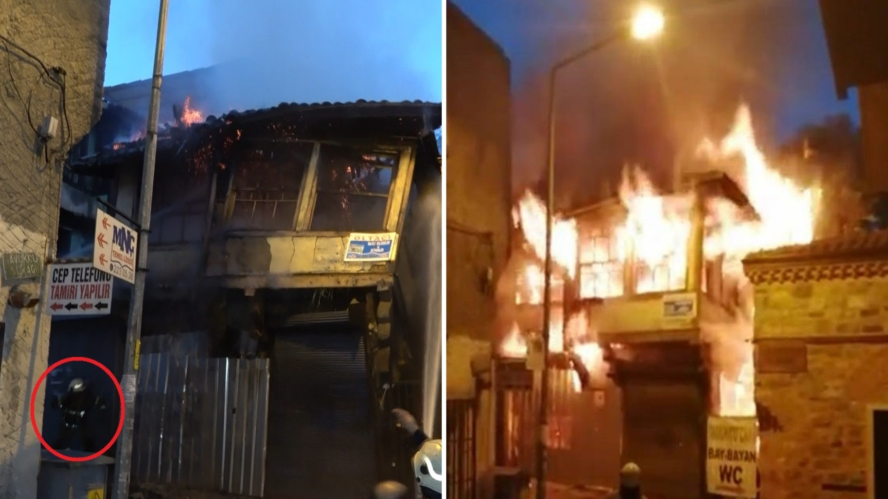 İtfaiye eri son anda kurtuldu: Yüzlerce yıllık tarihi binanın yanarak yıkılma anı kamerada!