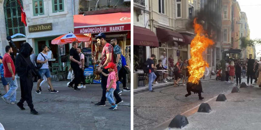 Galata'da bir garip olay! Elinde orakla gezip, fotoğraf çektirdikten sonra kendini ateşe verdi