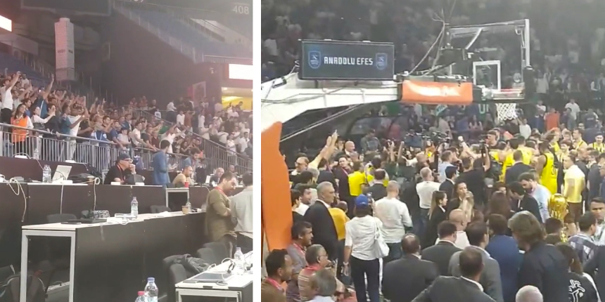 Anadolu Efes tribününe karışan Fenerbahçe taraftarı şampiyonluğu Sinan Erdem'de kutladı