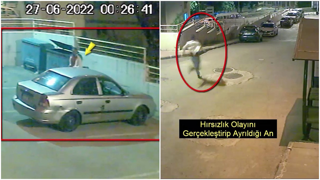 Telefon çalmak için park halindeki aracın camını kıran hırsız kamerada