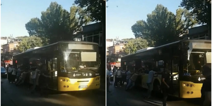 Bir İETT klasiği: Arızalanan otobüsü yolcular ittirdi