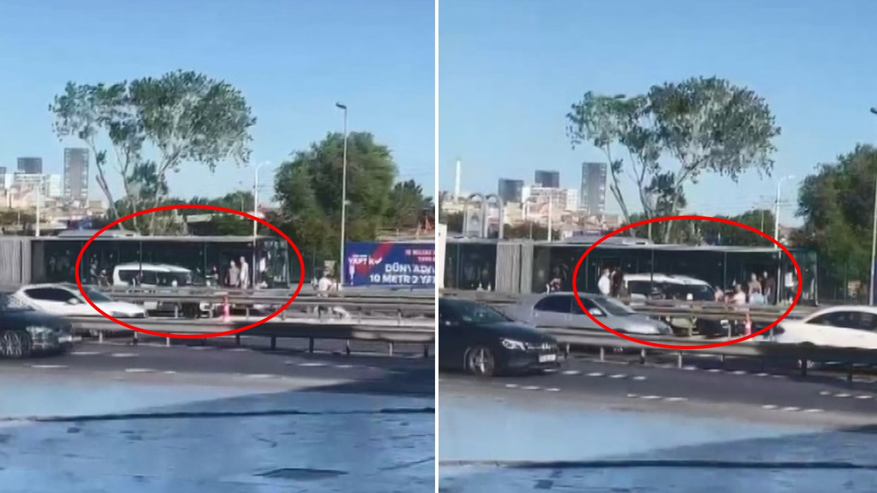 Metrobüste sıkışıklık kavgası! Yola inip birbirlerini kovaladılar... Saniye saniye kamerada...