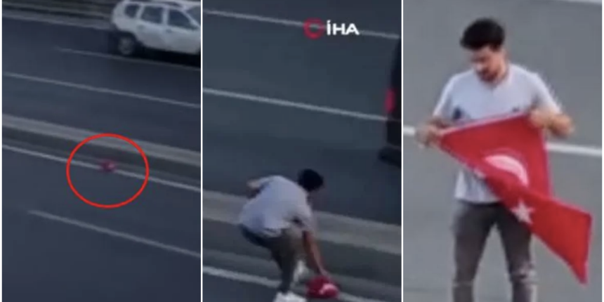 Hayatını tehlikeye atıp araçların arasına daldı! Yere düşen Türk bayrağını alıp öptü