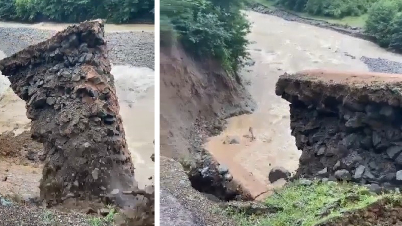 Ordu'da heyelanda istinat duvarı böyle çöktü: Gidiyor, gidiyor