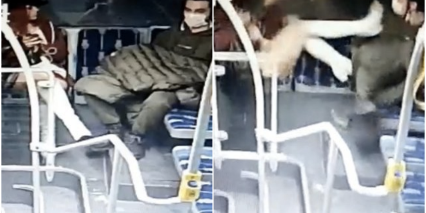 Metrobüste taciz skandalı! Genç kadın farkedince tekmeler havada uçuştu