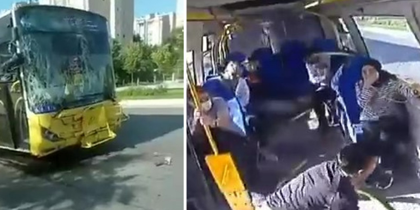Pendik’te İETT otobüsünün yolcu indirmek için duran minibüse çarptığı anlar kamerada