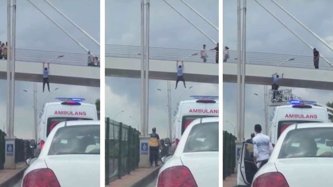 Dakikalarca köprüde asılı kaldı! Atlamak üzereyken itfaiye ekipleri böyle aldı