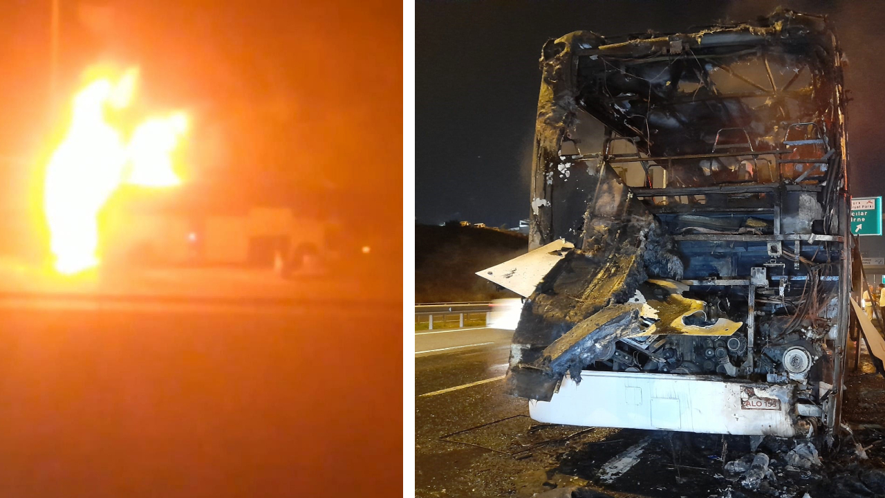 Kuzey Marmara Otoyolu'nda işçileri taşıyan servis otobüsü alev alev yandı