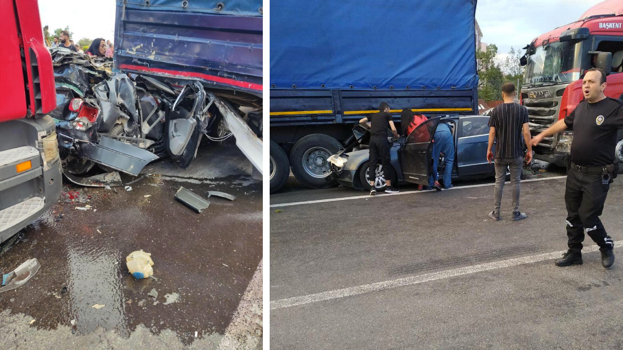 Freni boşalan TIR dehşet saçtı! 2 TIR arasında kalan araç parçalandı