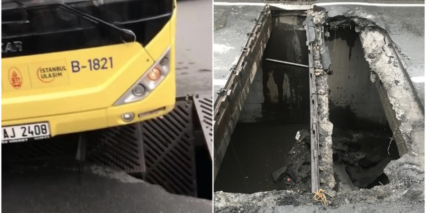 Şiddetli yağış nedeniyle yol çöktü! İETT otobüsünün tekerleği bir anda boşluğa gömüldü