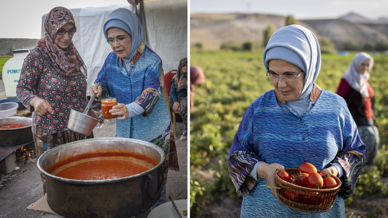 Emine Erdoğan tarlada kadın çiftçilerle domates toplayıp kışlık menemen yaptı