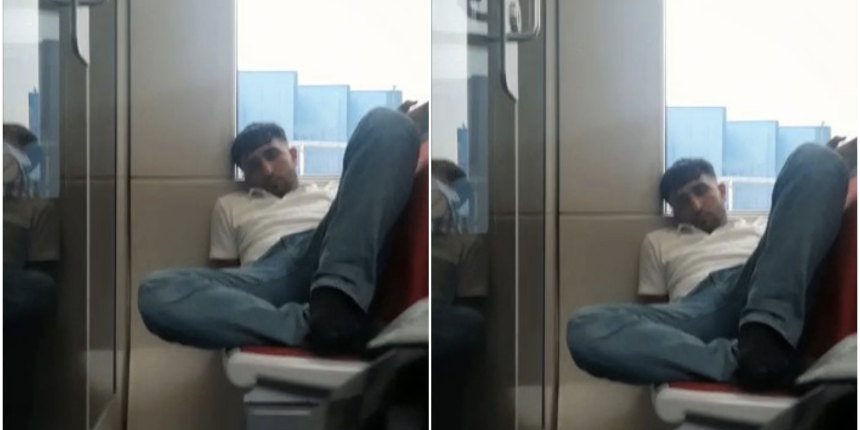 Görenler pes dedi! Tramvayda yatarak yolculuk yaptı