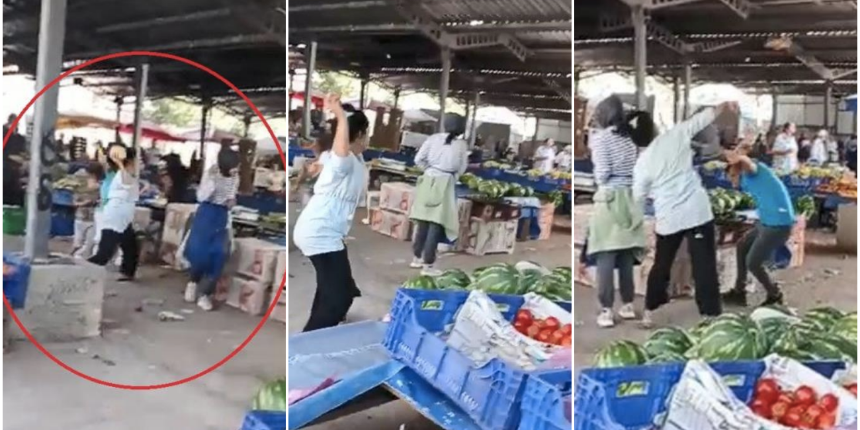 Kadınlar pazarda kavga etti: Sebze ve meyveler havada uçuştu