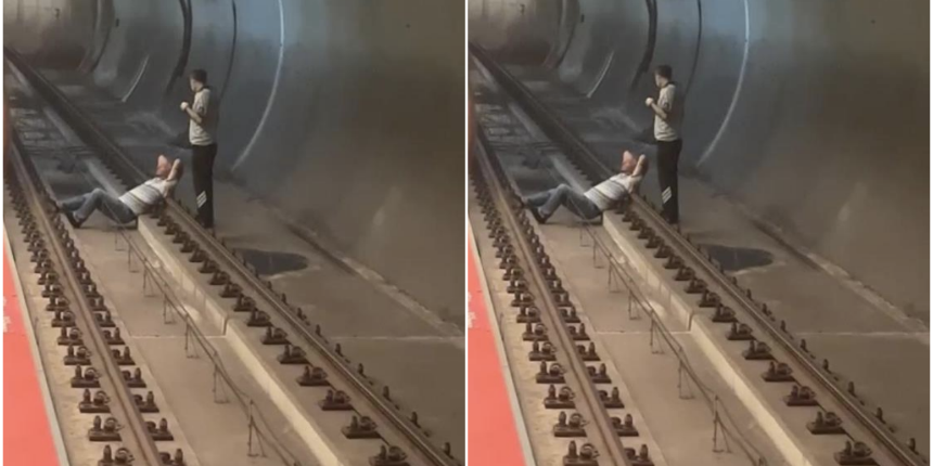 Metro raylarına uzandı ve keyif yaptı: Böylesi görülmedi