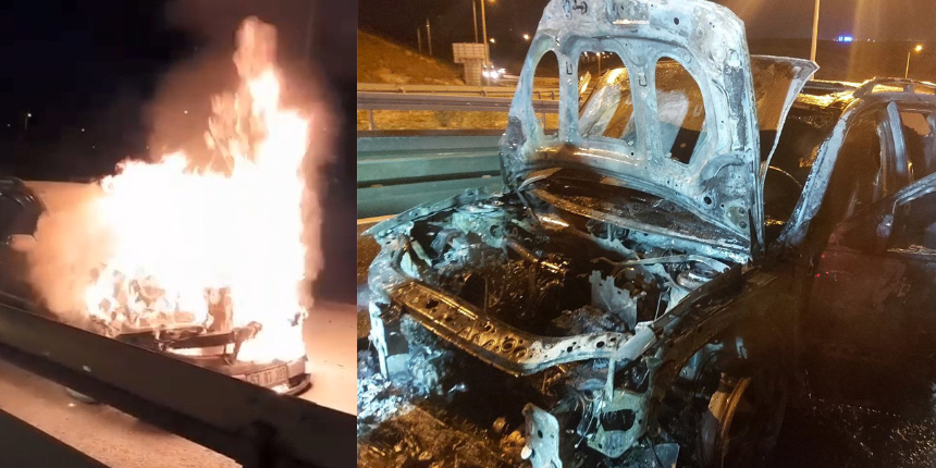Seyir halinde alev alan arabadan montunu bile alamadan inip, yanmasını çaresizce izledi