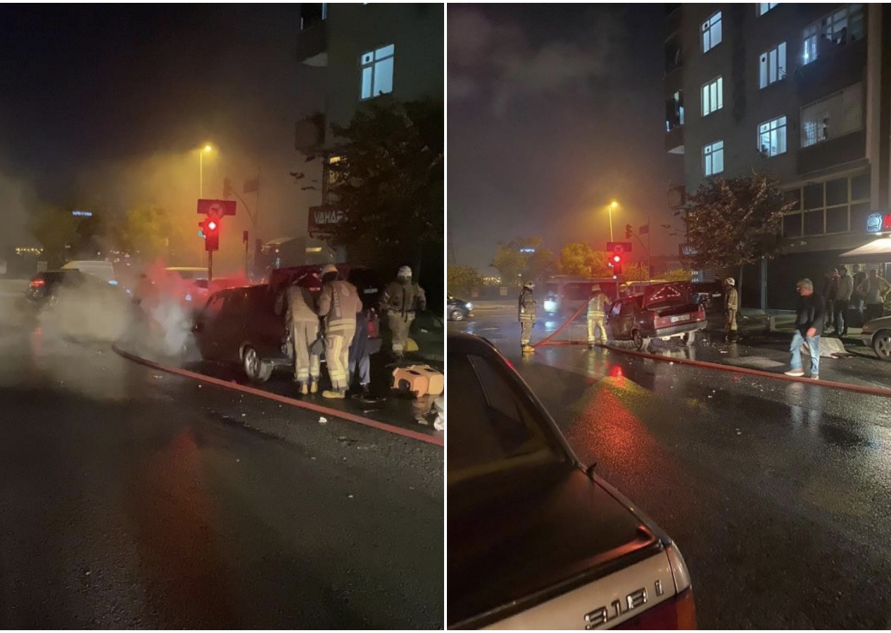 Gaziosmanpaşa’da otomobil yol ortasında alev alev yandı