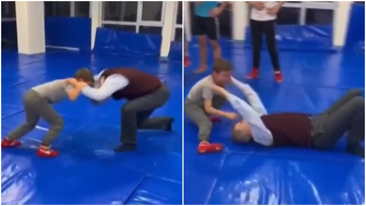 Artvin Valisi ile 9 yaşındaki sporcunun güreş tuttuğu anlar keyifli  görüntülere sahne oldu