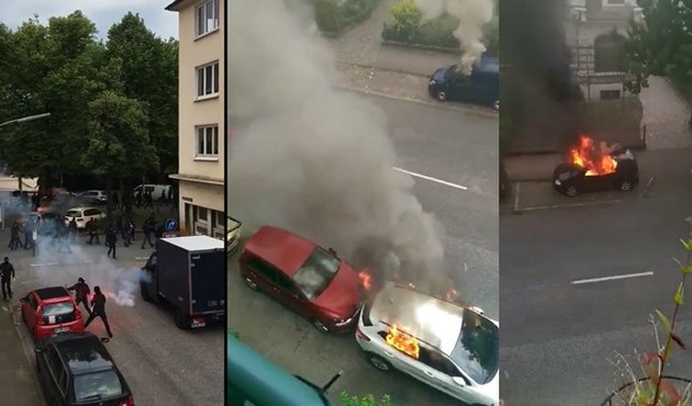 Hamburg'da sıcak gece...Otomobilleri böyle yaktılar/Video