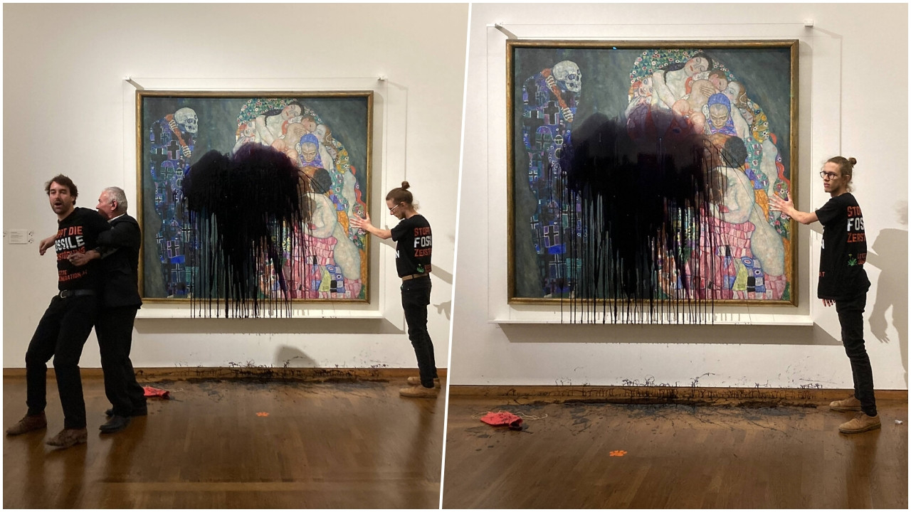 Avusturya'da iklim aktivistleri, ressam Klimt'in tablosuna siyah boya fırlattı