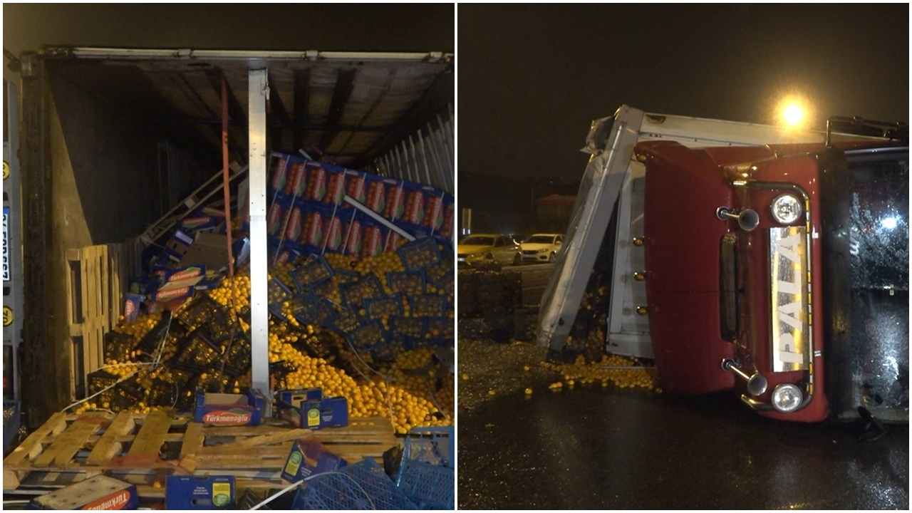 Bursa’da meyve yüklü tır devrildi, yola tonlarca mandalina saçıldı: 1 yaralı