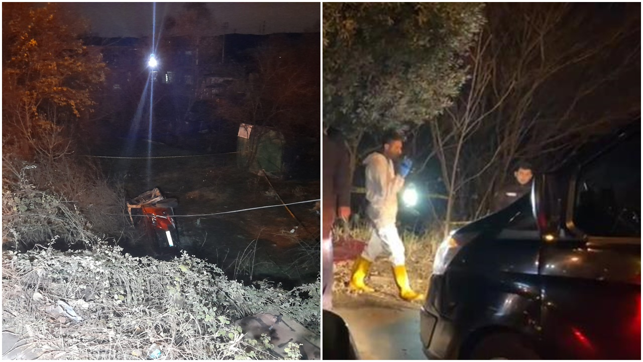 Ağaçlık alana uçan otomobil alev alev yandı: 1'i polis 2 kişi hayatını kaybetti