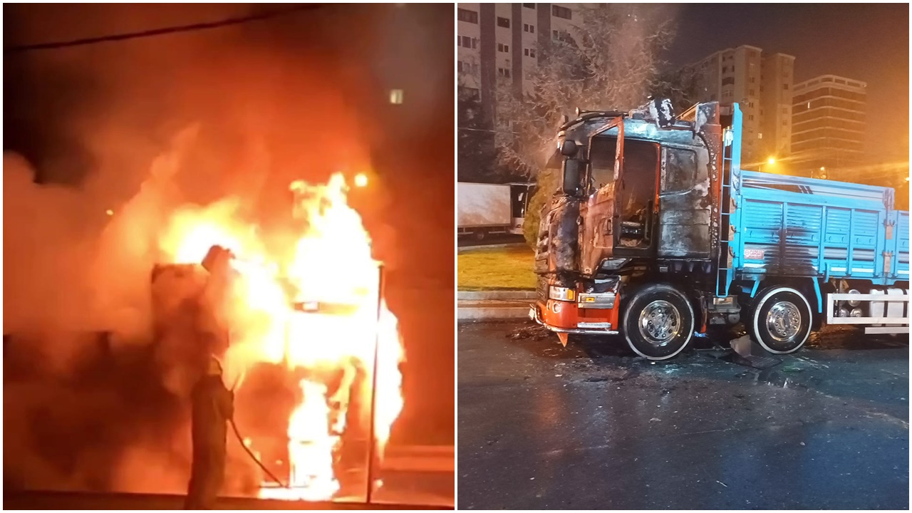 Kağıthane'de kundaklandığı iddia edilen kamyon alev topuna döndü