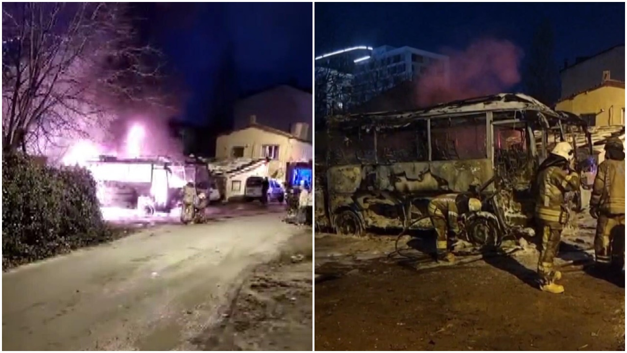Küçükçekmece'de korkutan yangın! Park halindeki 2 minibüs alev alev yanarak küle döndü