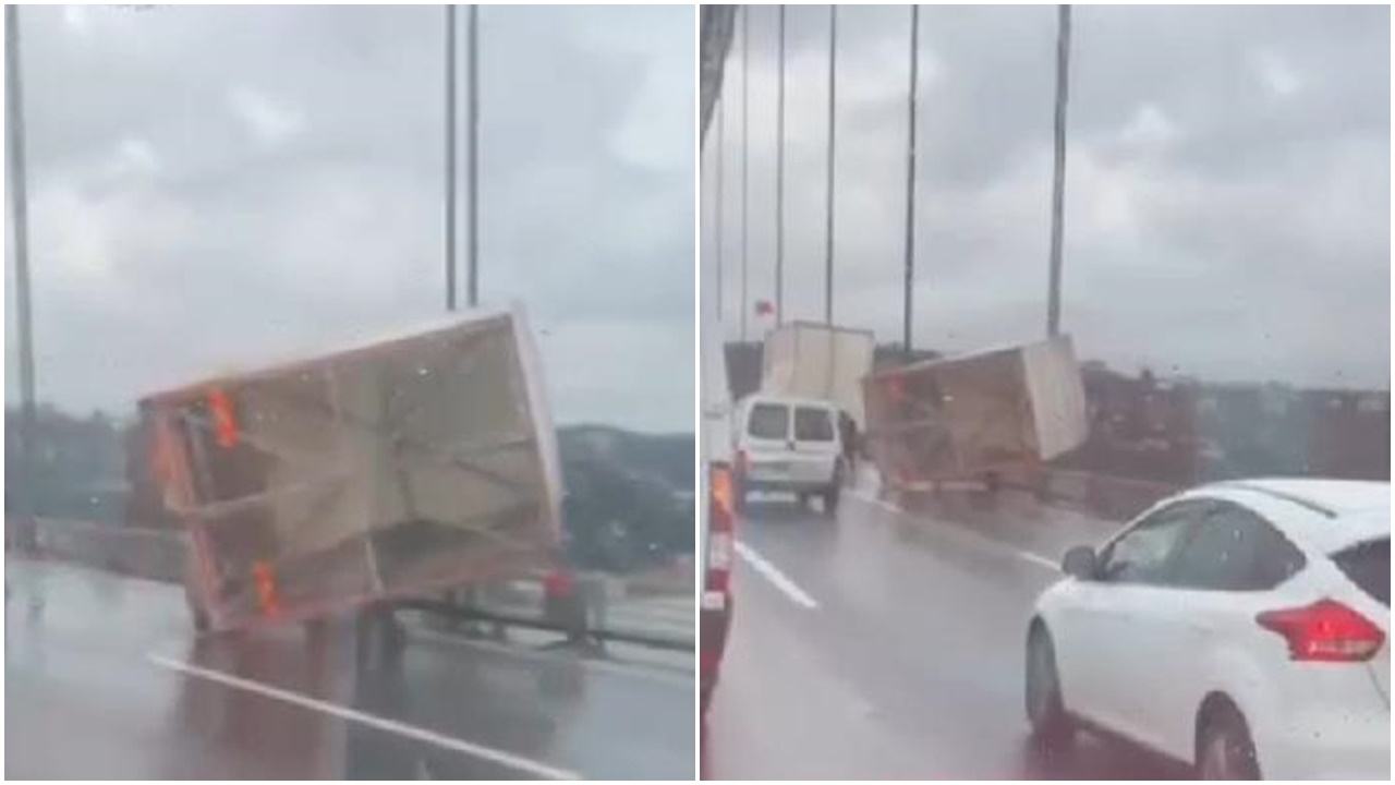 Fırtına nedeniyle devrilen araç halatla bağlandı