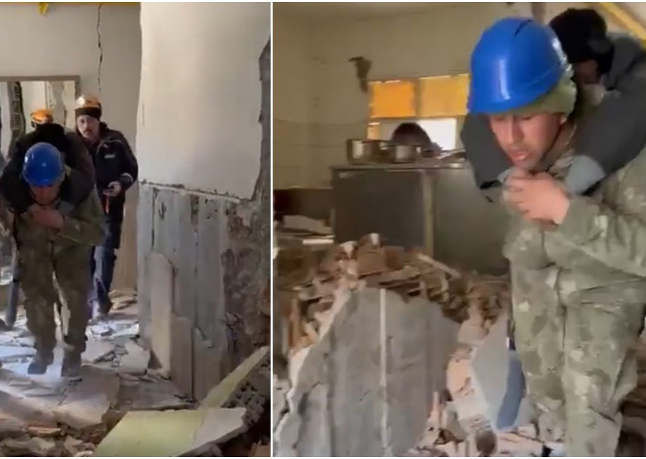 Antakya'da bir depremzede askerler tarafından enkazdan kurtarıldı