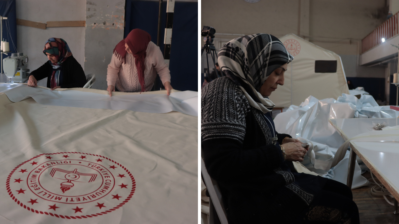 Okulu 1 günde fabrikaya çevirdiler: Depremzedelere çadır dikiyorlar