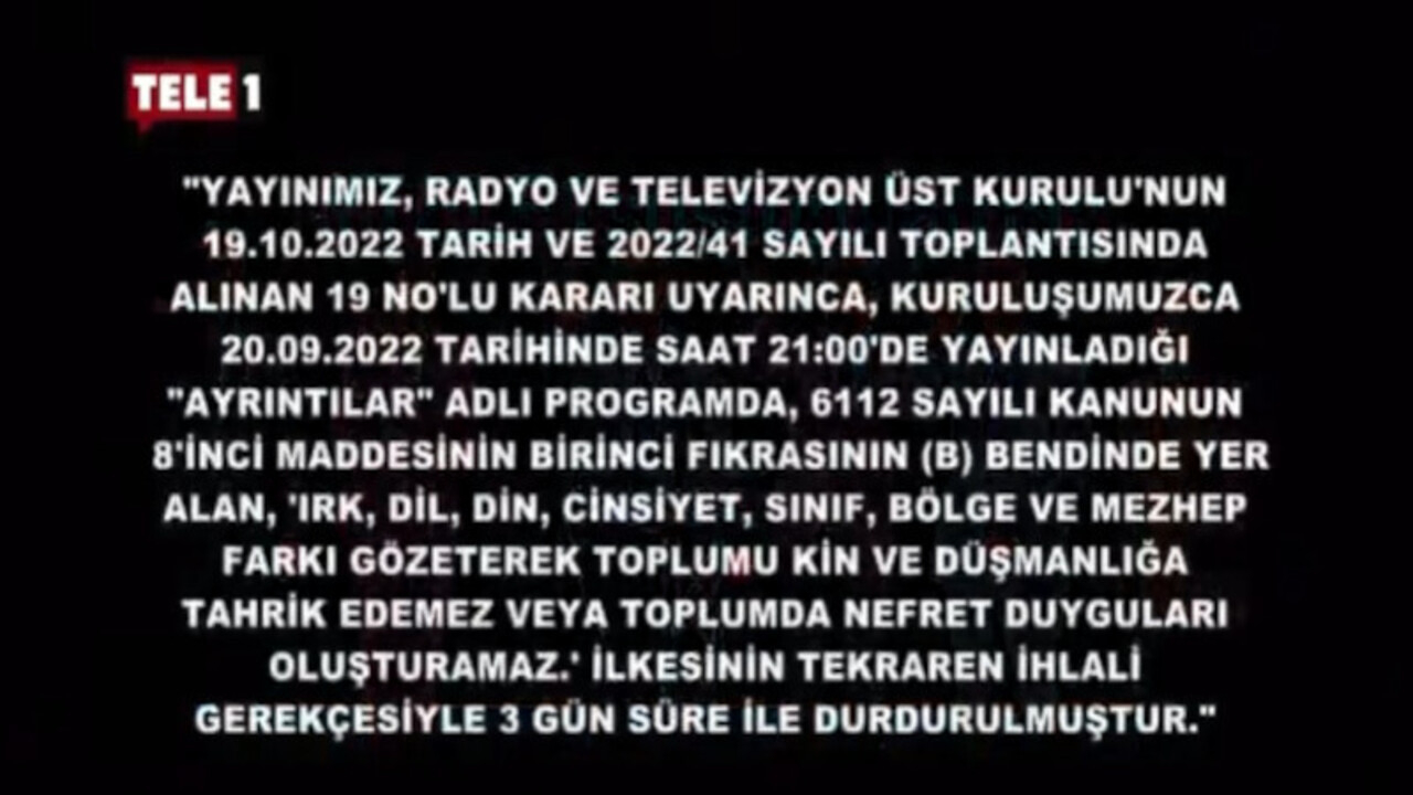TELE 1'e 3 gün ekran kapatma cezası!
