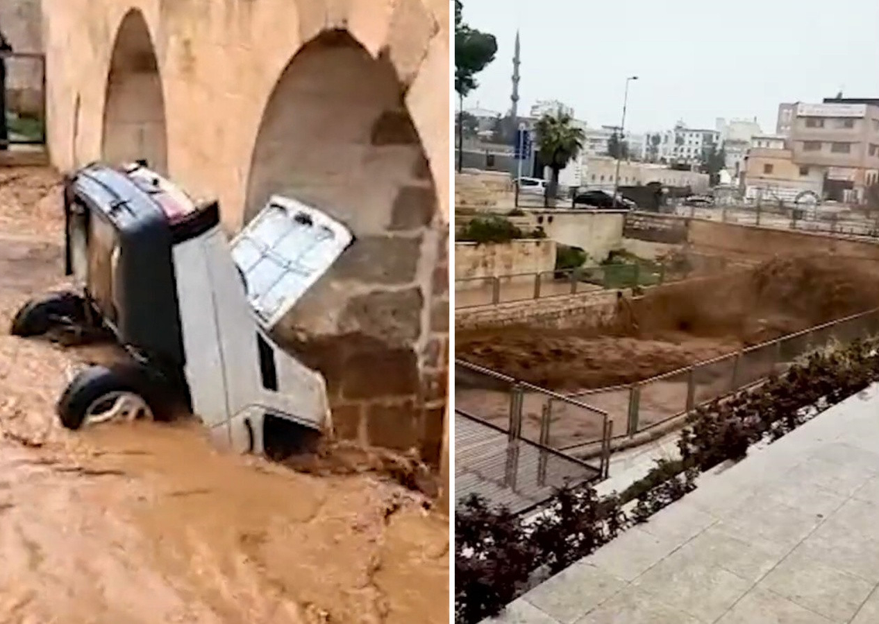 Tarihi Hızmalı Köprü selin etkisiyle çağladı! Sürüklenen otomobil köprünün ayağına takıldı