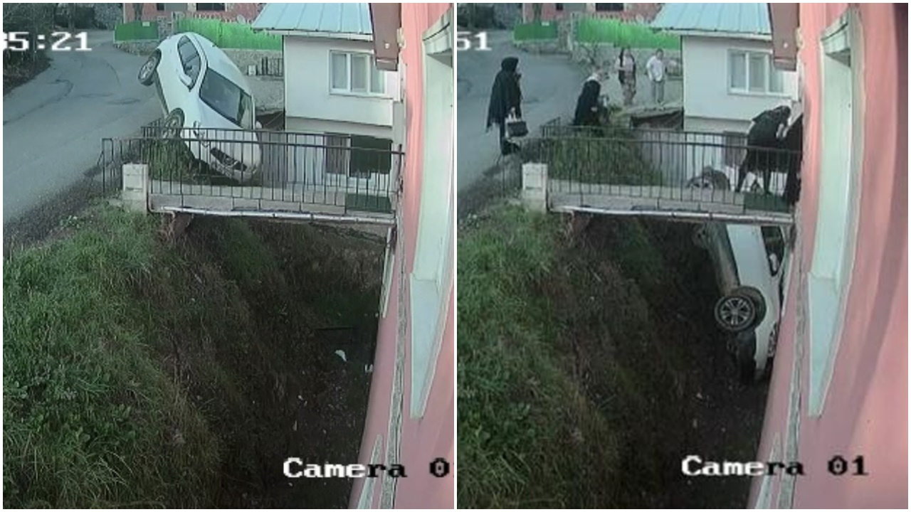 Navisgasyona bakarken önünü göremeyince olanlar oldu! Otomobil apartman ile yol arasındaki boşluğa düştü