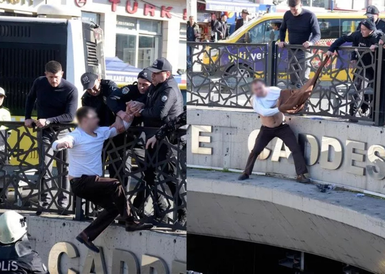 Taksim'de hareketli anlar! Ukraynalı eski polis canlı yayın açıp intihar girişiminde bulundu...