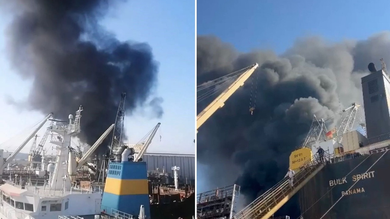 Tuzla'da bakıma alınan yük gemisinde yangın! İşte o anlar...