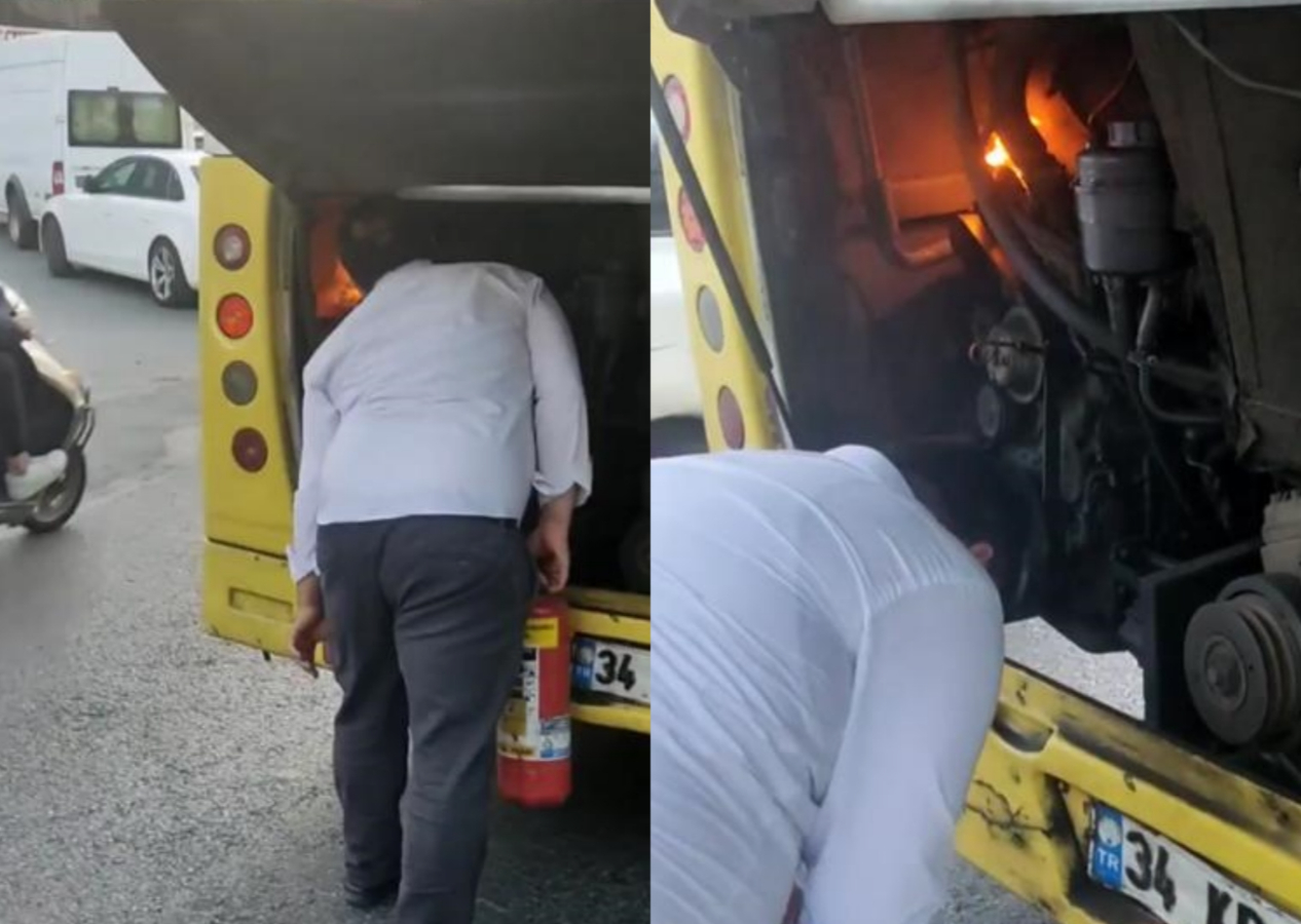 İETT otobüsünde yangın çıktı: Yanan otobüsü elinde yangın tüpü varken üfleyerek söndürmeye çalıştı