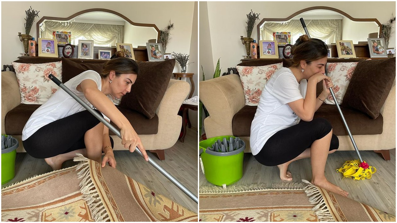Oyuncu Burcu Kara'dan temizlik paylaşımı! Annesinin evinde yerleri sildi