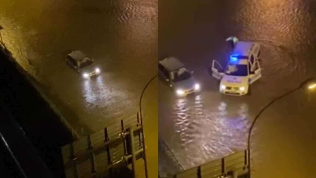 Rize'de göle dönen yolda mahsur kalan sürücüyü polis böyle kurtardı!