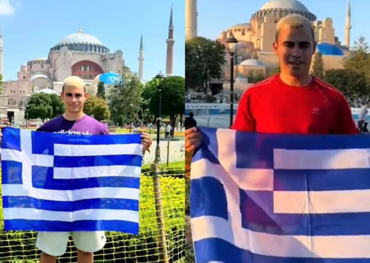 Yunan provokatör Ayasofya'da bayrak açtı: "Bir gün gerçek sahibine dönecek"