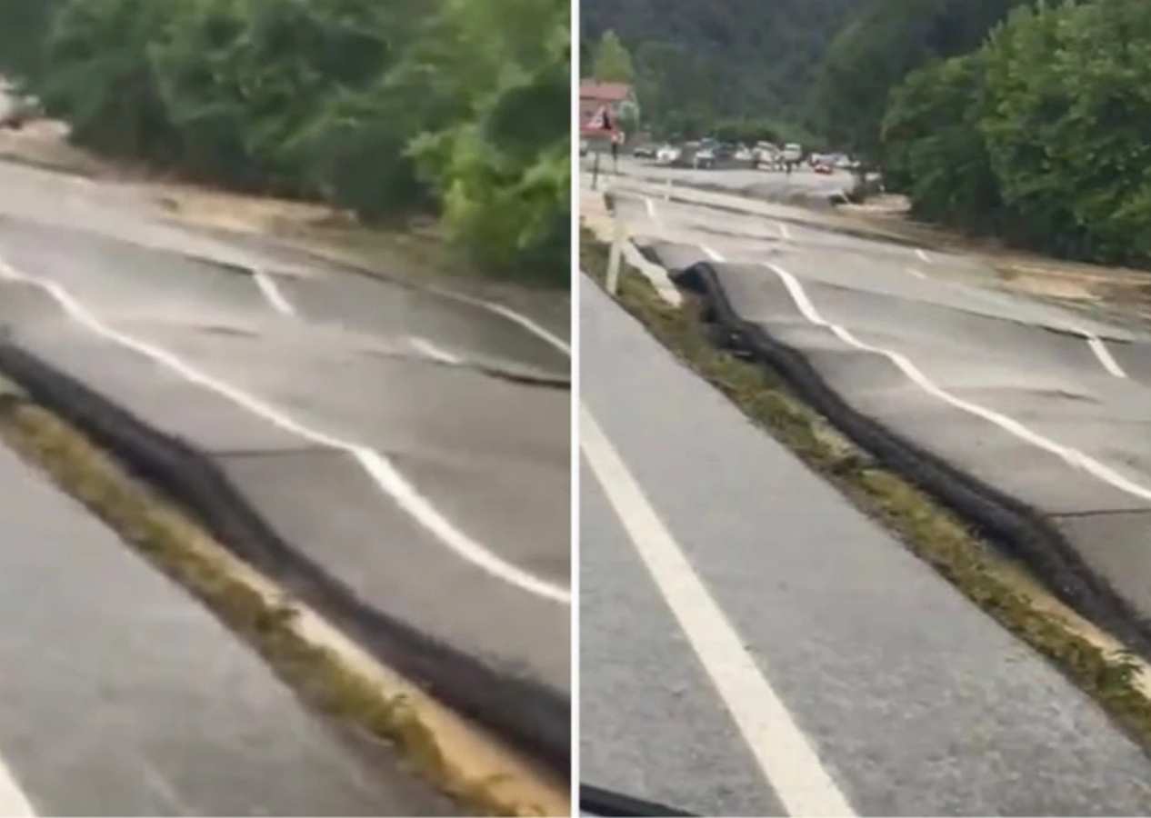 Zonguldak'ta sağanak yağış sonrası korkutan görüntü! Yol ikiye bölündü...