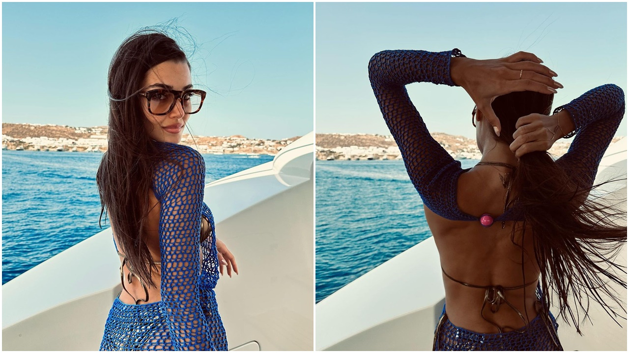 Hande Erçel'den Mykonos pozları! Mavi fileli elbisesiyle nefes kesti