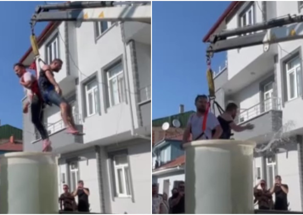 Bir garip damat geleneği! Vinçe asıp su dolu depoya soktular