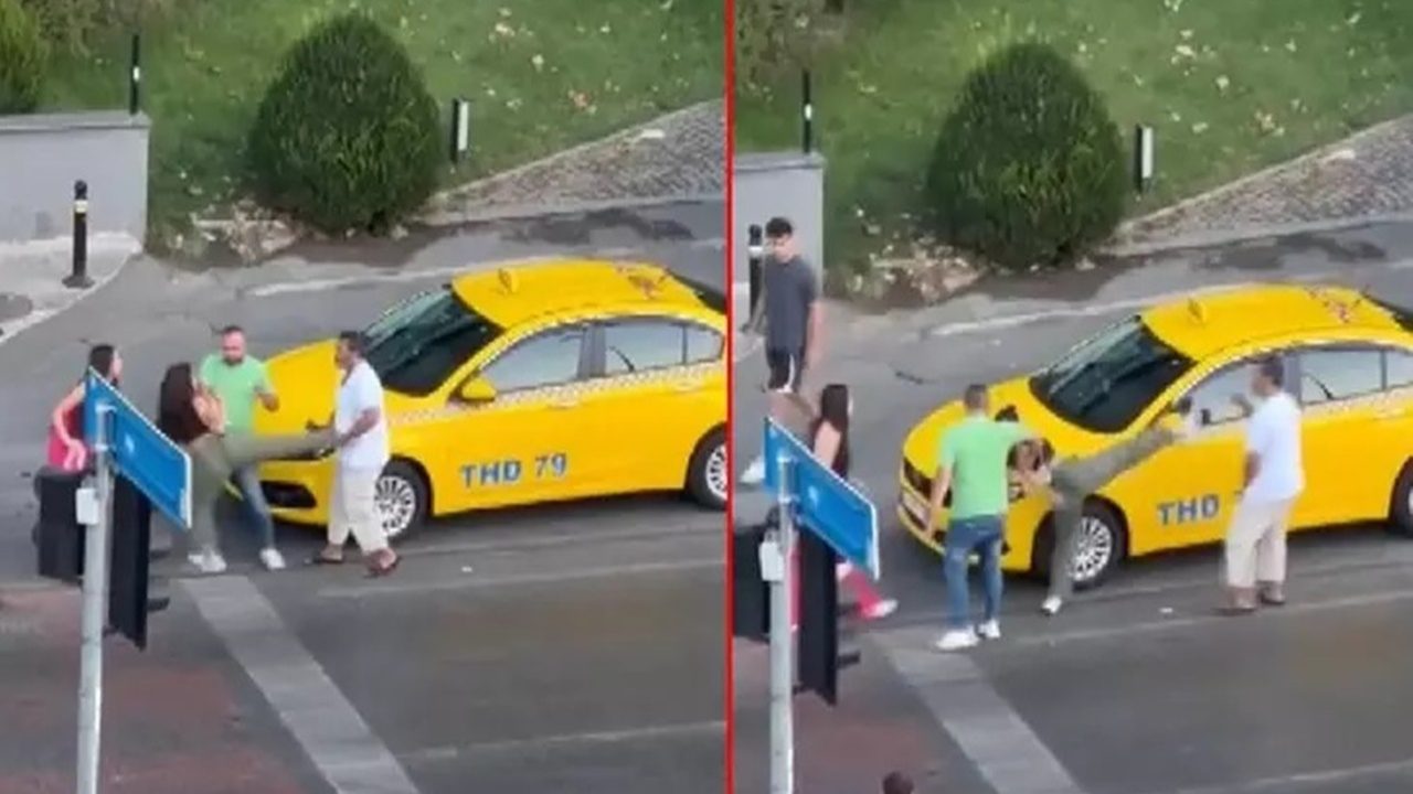 Peş peşe tekmeler savurdu! Araya girenler güçlükle ayırdı: Taksici ile kadınların kavgası kamerada