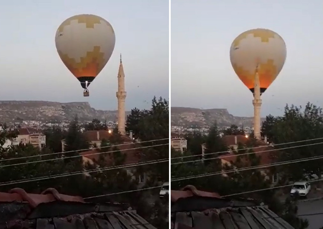 Sıcak hava balonu cami minaresine çarptı! Nefeslerin tutulduğu o anlar kamerada...