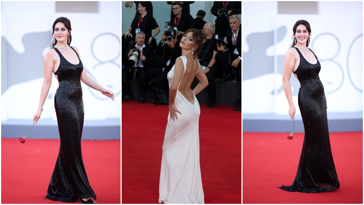 Esra Bilgiç, Venedik Film Festivali'nde poz verirken Melis Sezen gibi şekilden şekle girdi