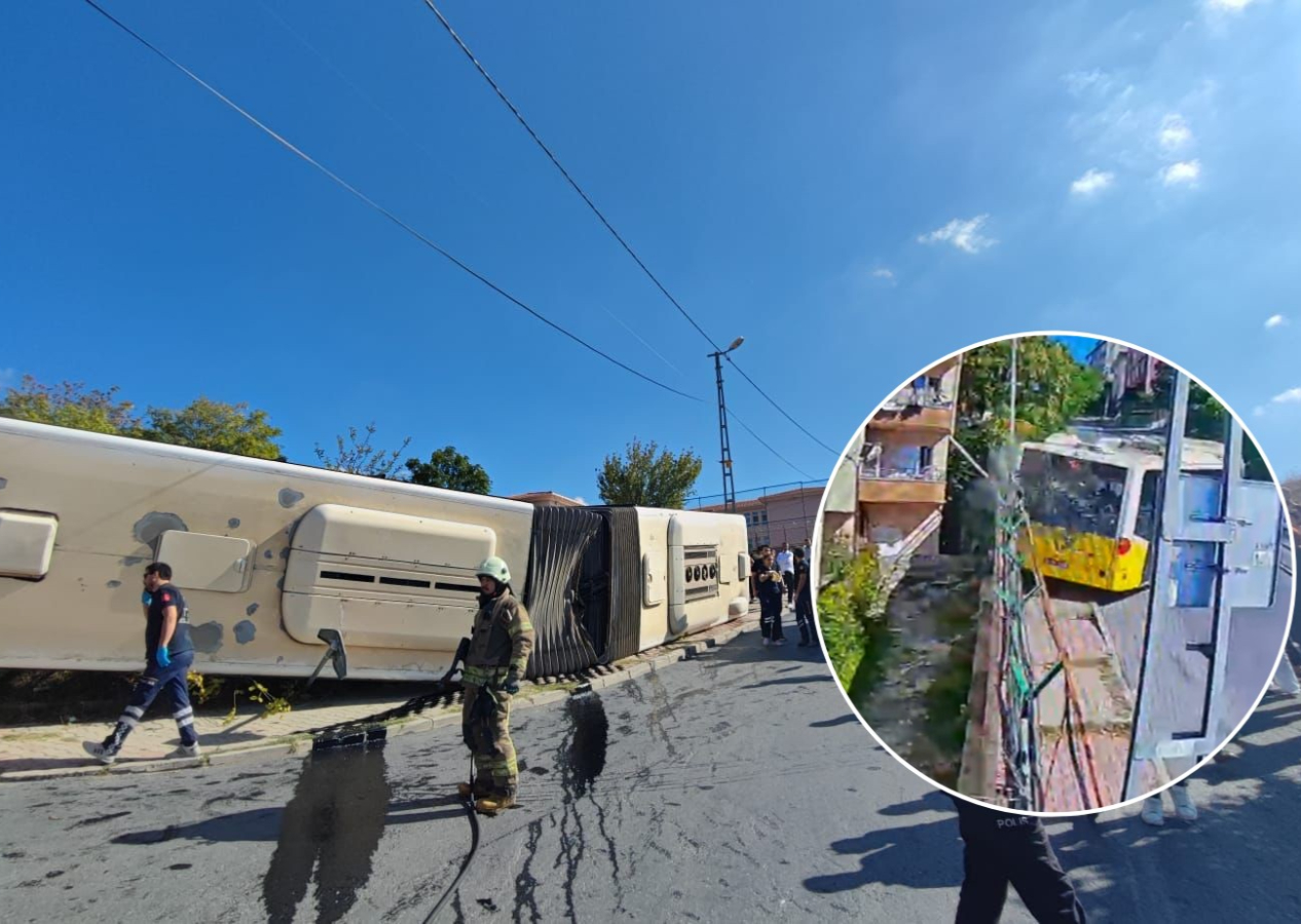 Başakşehir'de İETT otobüsü devrildi! Yolcular içerisindeyken 50 metre kaydı, devrilerek yan yattı...
