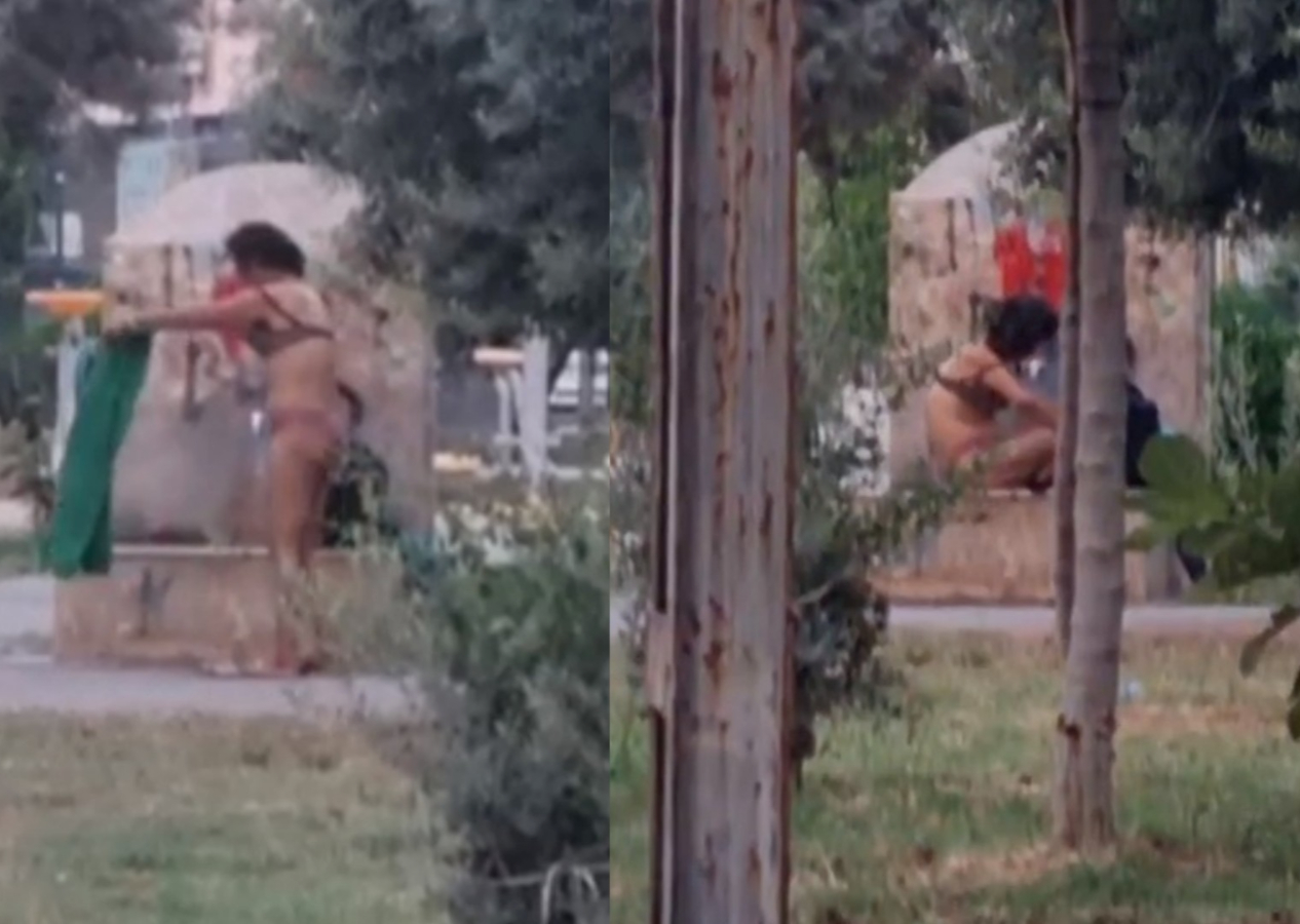 Adana'da bir kadın, parkın ortasında soyunup çeşmede iç çamaşırlarıyla banyo yaptı