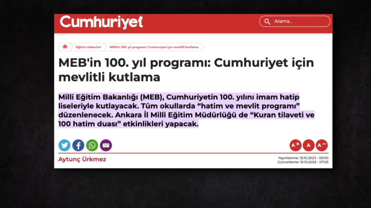 Cumhuriyet Gazetesi, İmam Hatip Liselerinde hatimli 100. yıl kutlamasından rahatsız oldu!